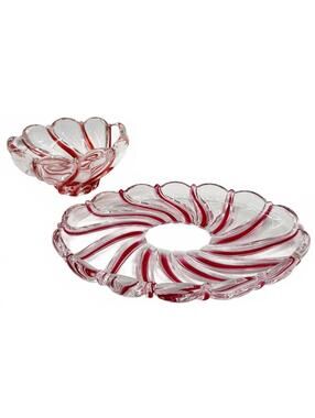 Vintage Mikasa Peppermint Art Glass Bowl Set Red Swirl MCM Style